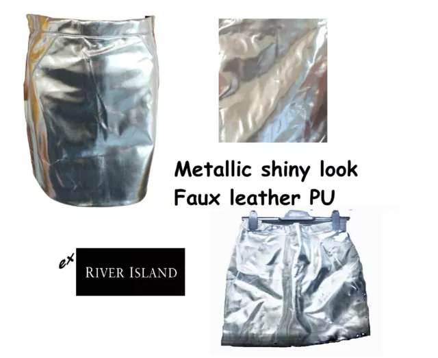 ladies Silver Shiny chrome Metallic Mini Skirt Size 12 faux leather River Island