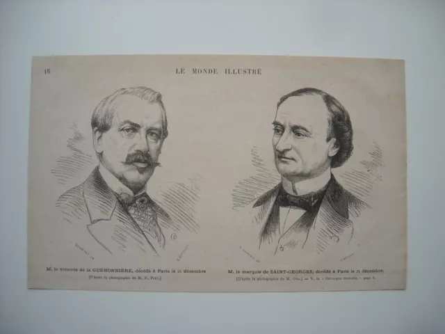Gravure 1876. M. Le Vicomte De La Gueronniere. M. Le Marquis De Saint-Georges.