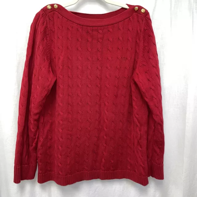 Lauren Ralph Women's Sweater Size 2X Red Gold Buttons Cable Knit Pullover