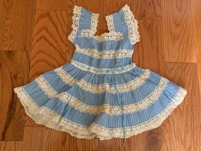Vintage Girls Baby Blue Toddler Mexican Pintuck Lace Circle Dress
