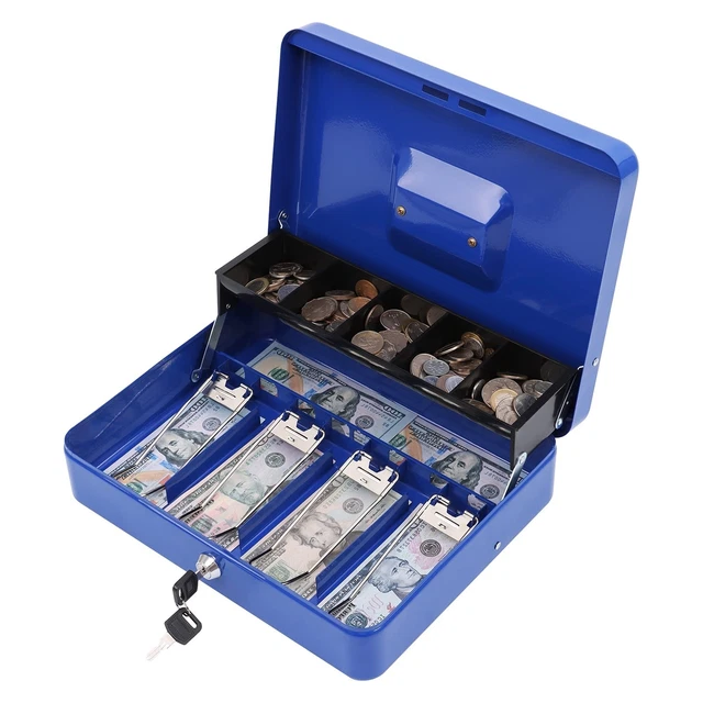 Metal Cash Box, Cash Box with Money Tray and Key Lock, Storage Box, Bl...