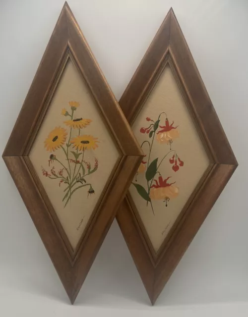 Vintage MCM Diamond Wood Frames Artist Signed Floral