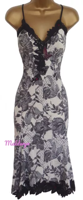 Karen Millen ✩ Classic Ivory Black Silk Lace Trimmed Slip Cami Dress ✩ Uk 8 2