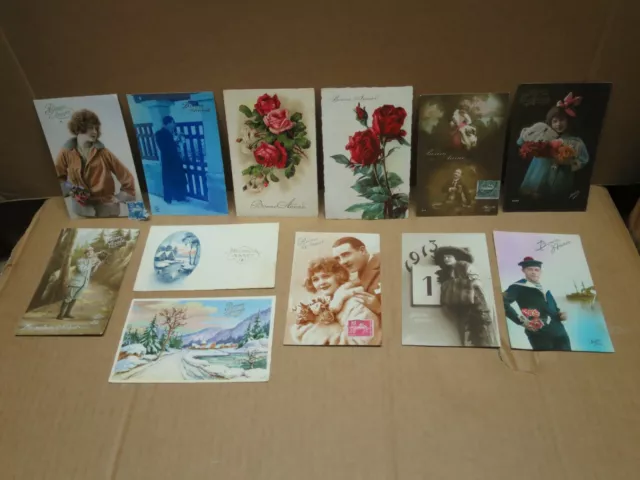 FANTAISIES BONNE ANNEE ensemble de 12 cartes diverses fleurs femmes militaires