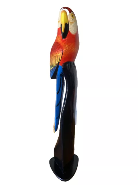 Parrot On  Base  Hand Carved Wood Tropical Sculpture Bird Decor Tiki