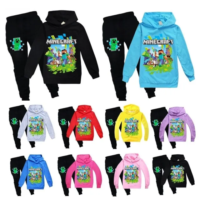 Kids Minecraft Tracksuit Set Boys Girls Sports Print Hoodie Pants Casual Outfit