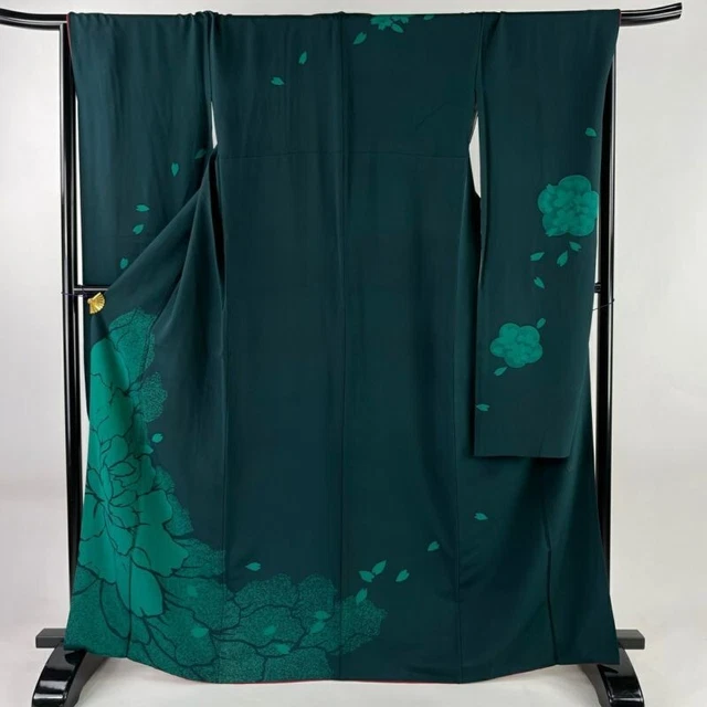 Japanese Kimono Furisode Pure Silk Flower Pattern Flower Petal Deep Green Color