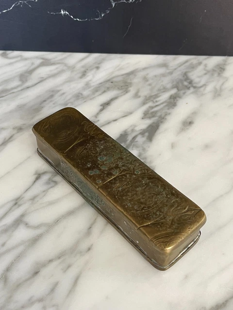 Antique 18th Century Dutch Stamped Brass Tobacco Box with Lid - 6"