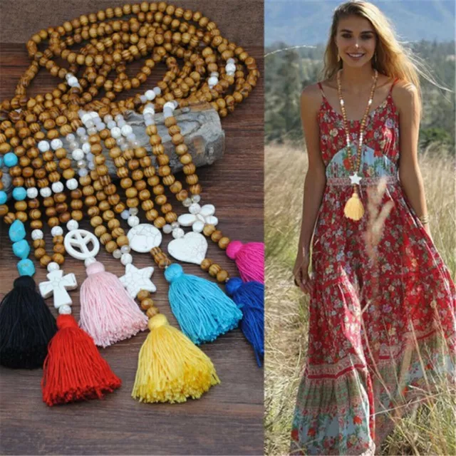 Boho Bohemian Holz Perlen Quaste Anhänger Halskette lange Pullover Kette Schmuck