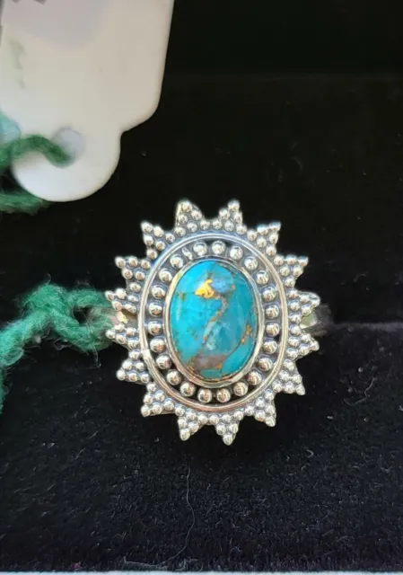 Beautiful Sterling Silver Copper Turquoise Flower Ring Size 7.5 1.96cts