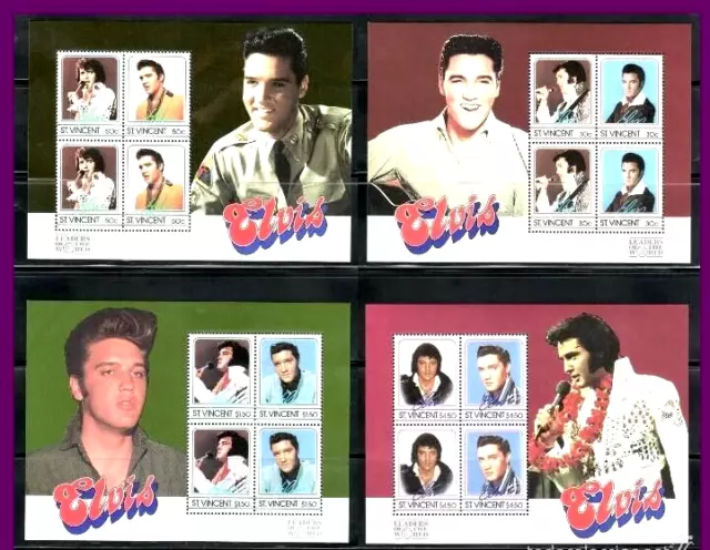 SELLOS TEMA CINE. ST. VICENTE 1985 ELVIS PRESLEY 870/77 8v. 4 Hojas Bloque