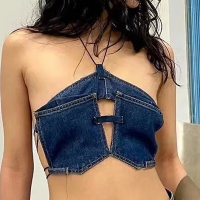 Donna senza Spalline Tubo Top Jeans Schiena Scoperta Canotta Collo Sexy da Disco