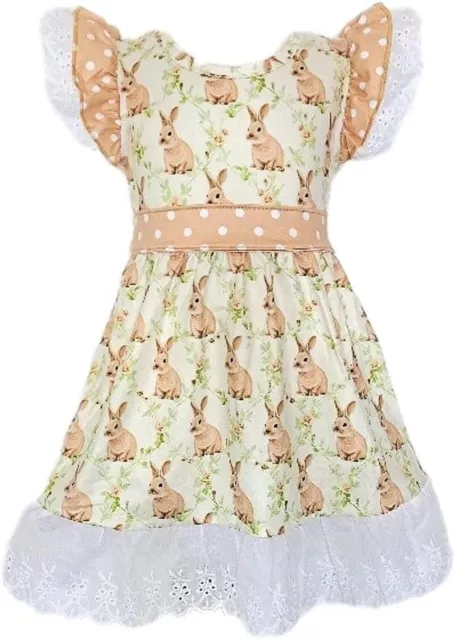 Girls Easter Dress Beige Vintage Bunny Rabbit 18 months - 5  (Choose Size)