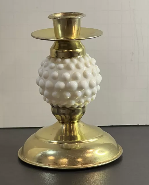 Vintage Candle Holder Brass White Milk Glass Hobnail Sphere Taper Candlestick