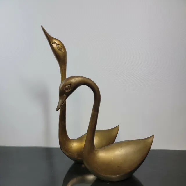 Vintage Pair Of Brass Mating Swans Birds Gold Figurine MCM Decor