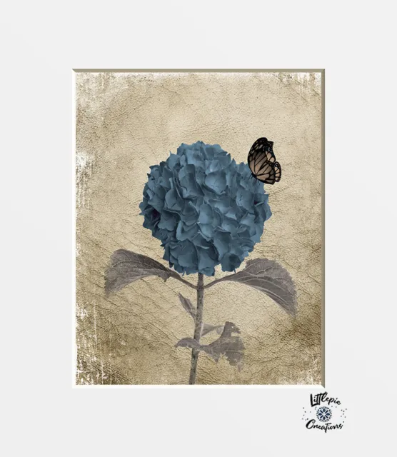 Brown Blue Beige Rustic Modern Hydrangea Flower Butterfly Modern Matted Wall Art