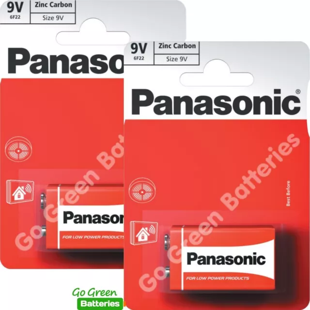 2 x Panasonic 9V PP3 Zinc Carbon Batteries, 9 Volt Smoke Alarms, LR22, MX1604