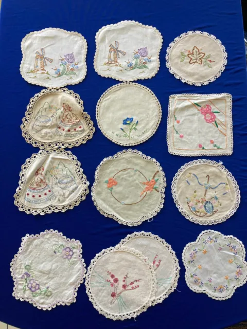 Lot of 12 Round Vintage Crochet Doilie Tea Embroidery Lace Shabby Country
