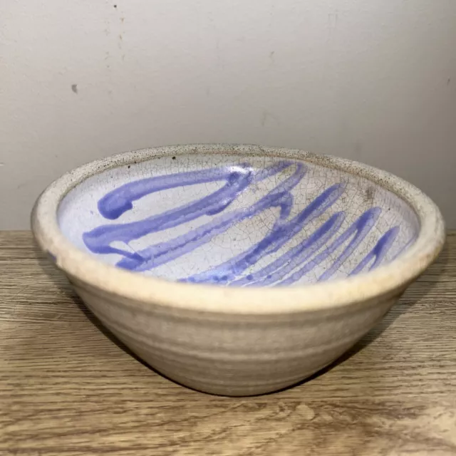 Studio Pottery Bowl J R Signed Blue Crackle Glaze 6” Textured Sandstone