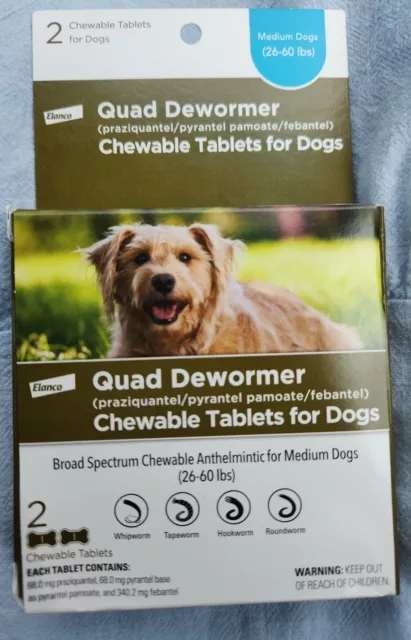 Chewable Quad Dewormer for Medium Dogs, 26-60 lbs, 2 chewable tablets