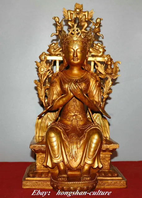 16" Tibet Golden Bronze Temple Green Seat Tara Goddess Maitreya Buddha Statue