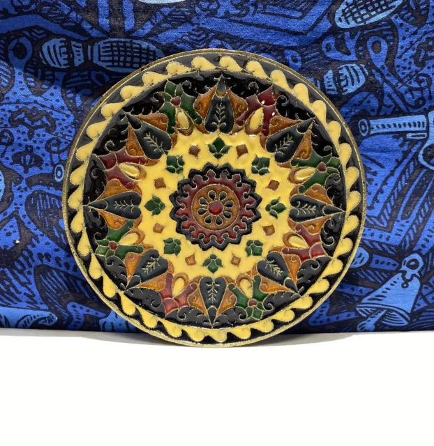 Vintage Hand Made Byzantine Mosaic Design Enamel On Solid Brass Plate Greece