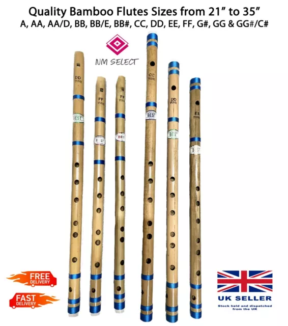 Long Professional Indian Bamboo Flutes Bansuri Transverse & Fipple 21" to 35" UK