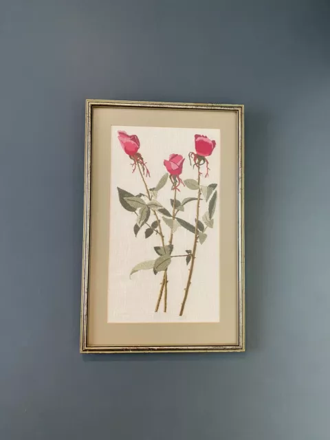 Vintage Retro original Crewel Work Picture long Stem Roses botanical Framed