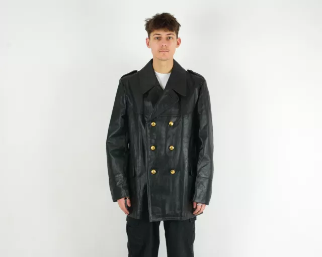 Militaire Armée Veste 1970s Hommes XL Cuir Officier Manteau Vtg Laiton Bouton