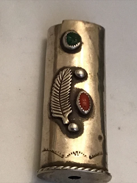 Vieux Pawn Navajo Nickel Argent Pierre Turquoise Corail Briquet Étui Housse