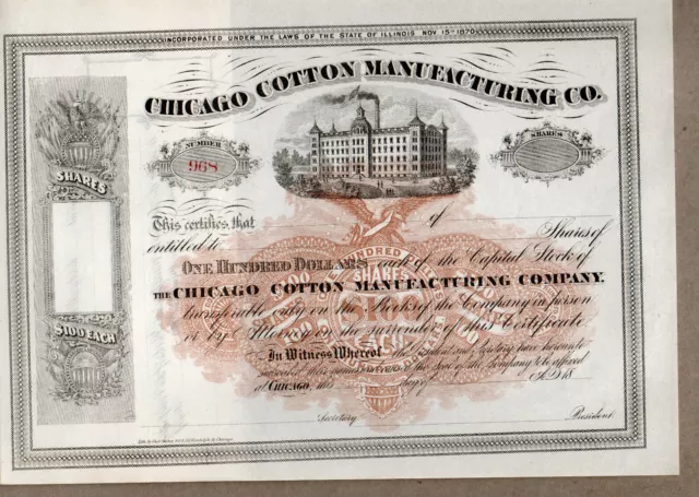 Unissued Chicago Cotton Manufacturing Company Illinois Stock Certificate