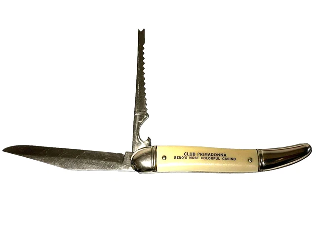 RARE Vintage CLUB PRIMADONNA CASINO Colonial POCKET FISH-KNIFE RENO NV A+ 1960's