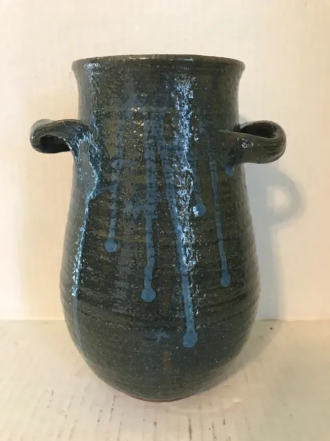 Studio Handcrafted Large Dark Green And Blue Glazed Pottery Vase Signed Manger