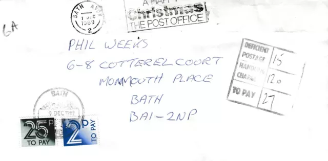 GB 1989 Cover With 27p Postage Due.Surcharge 25p+2p SGD91+SGD97. 42x40 mm Cachet