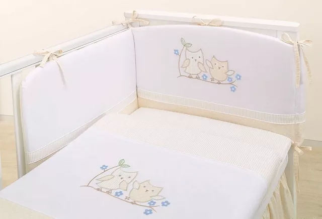 3pc cot bed bedding set 60x120 embroidered  owls beige white cream baby nursery