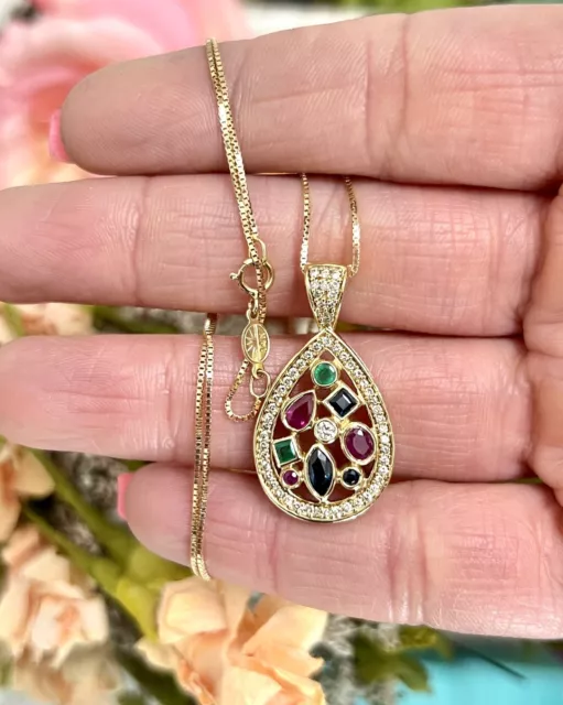 14k Yellow Gold Effy Diamond Ruby Sapphire Emerald Pendant 18” Box Chain