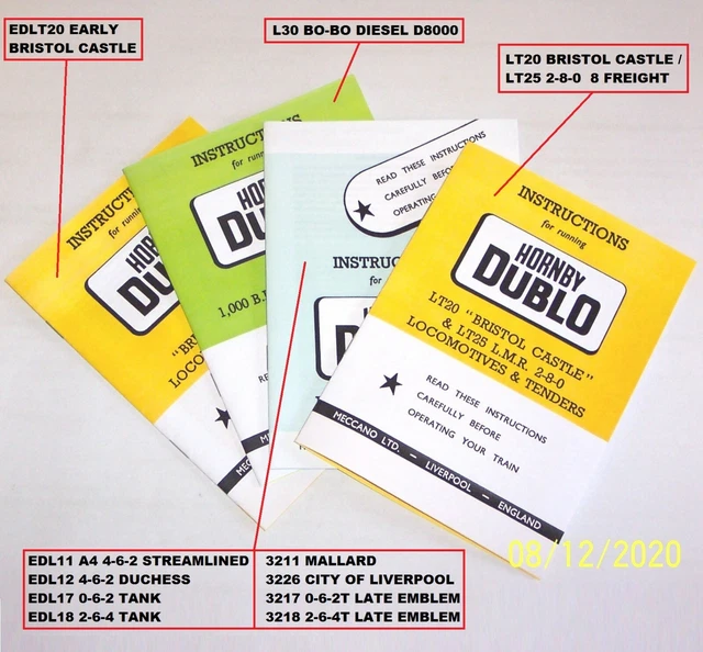 New Hornby Dublo Replica Instructions For 3 Rail Locos Inc.  8F, City, A4, 264T. 2