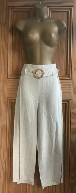 Ex OASIS Beige Linen Wide Leg Belted Cropped Trousers Regular Size 6