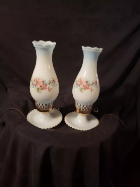 Vintage Set/Pair 2 Milk Glass Hobnail Hurricane Electric Lamps Blue Pink Flowers