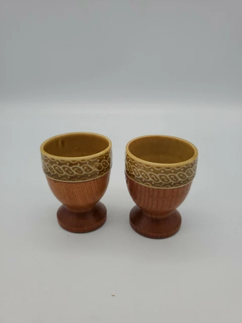 Vintage Pair of Ceramic & Wood Egg Cups Holders 1960's Retro Pattern