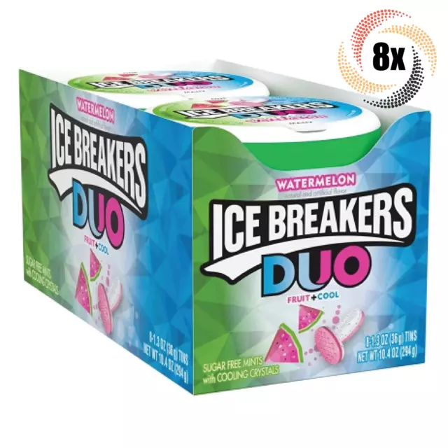 Full Box 8x Tins Ice Breakers Duo Fruit + Cool Watermelon | 50 Per Tin | 1.3oz