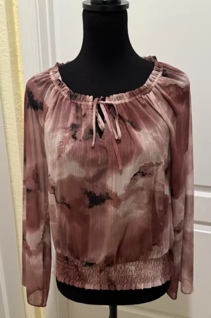 INC International Concepts Brown Print Sheer Top Small Peasant Keyhole