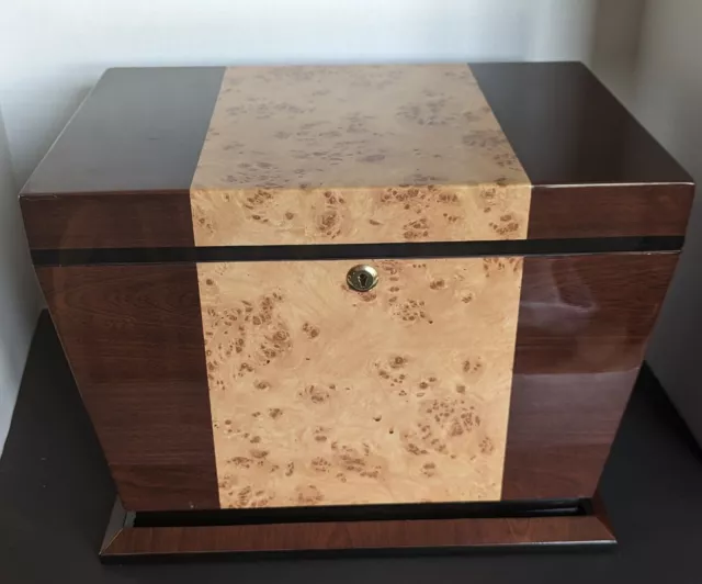 Art Deco Style Burl Wood and Mahogany Cigar Box, Humidor with Spanish Cedar.