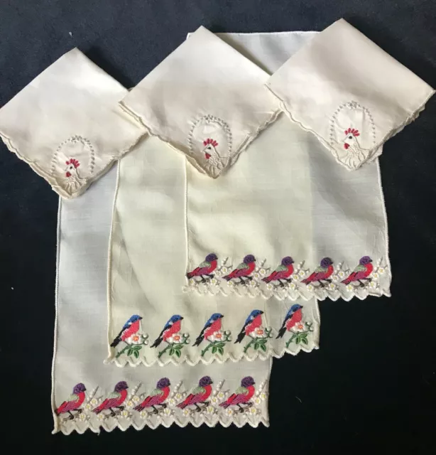 SIX Vintage Madeira Embroidered Hand-rolled Cocktail Napkins with Birds Roosters