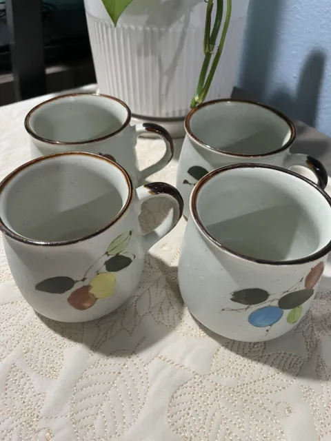 Vtg Set Of 4 Otagiri Coffee Mugs Speckled Stoneware Berries & Leaves Cup Japan