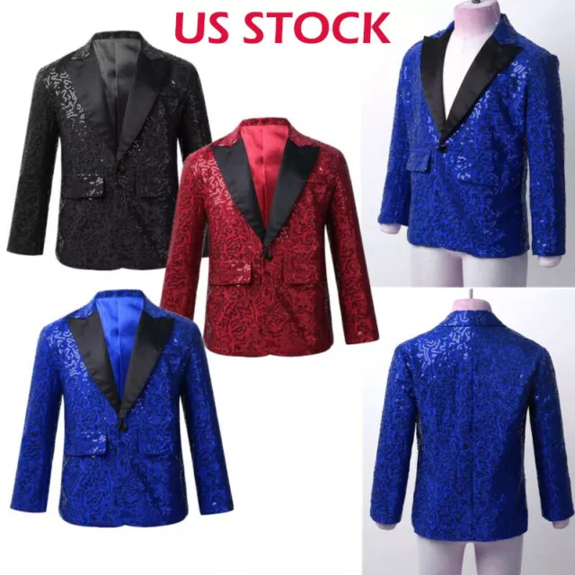 US Kids Boys Suit Shiny Sequins Blazer Tuxedo Wedding Banquet Party Jacket Coat