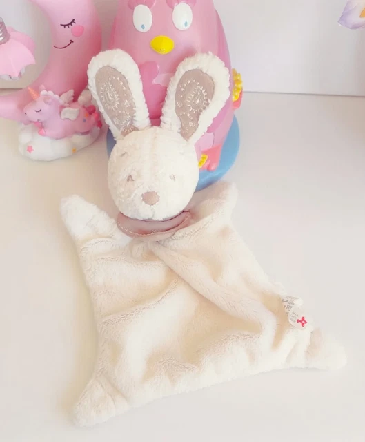 Peluche DOUDOU PLAT NICOTOY LAPIN BLANC FOULARD BEIGE MARRON bunny plush