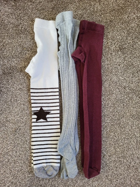 Bundle of 3 Pairs Girls Grey, Burgunday and Striped Tights Age 3-4 Years