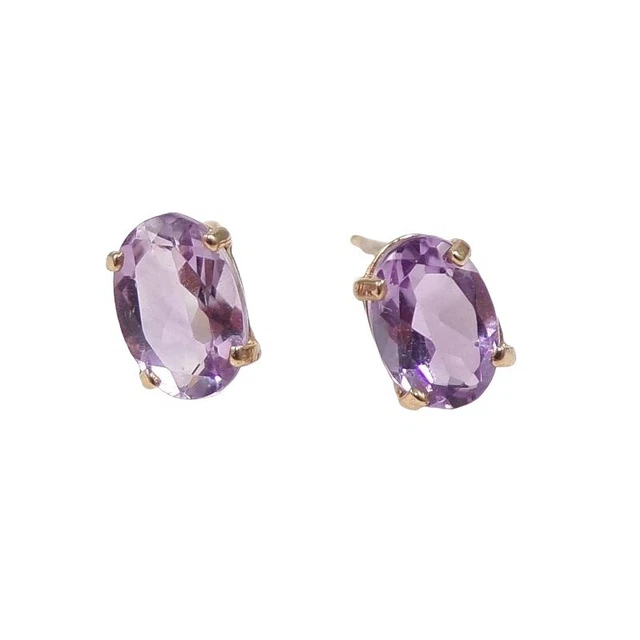Massiv 14K Gelbgold Lila Amethyst Oval Pfosten Ohrstecker