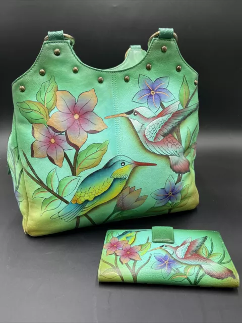 Anuschka Leather Satchel Hummingbird Hand Painted Wallet Bag Purse Double Handle